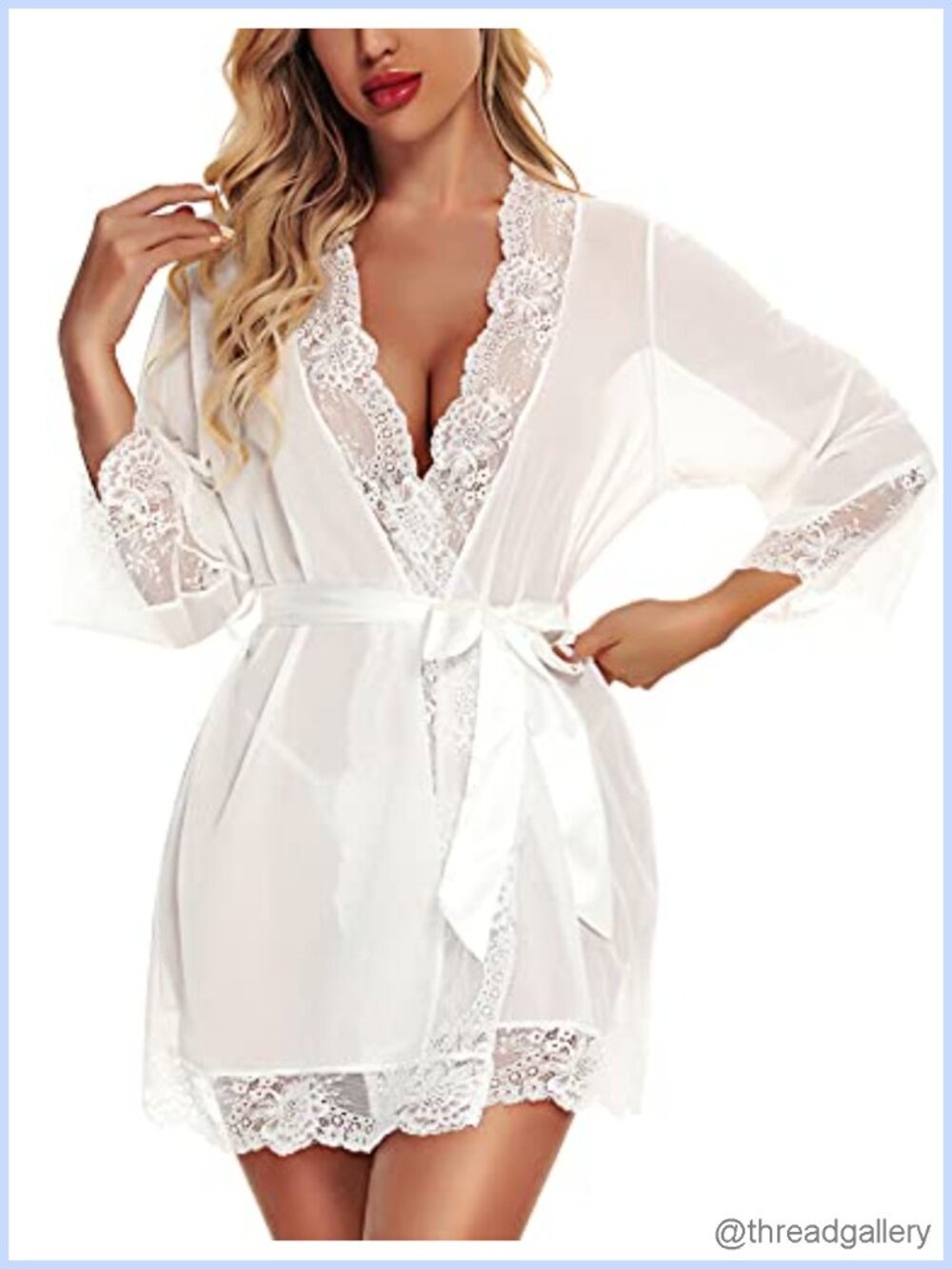 Lace Kimono Robe Babydoll Chemise Lingerie Set with G-String & Belt